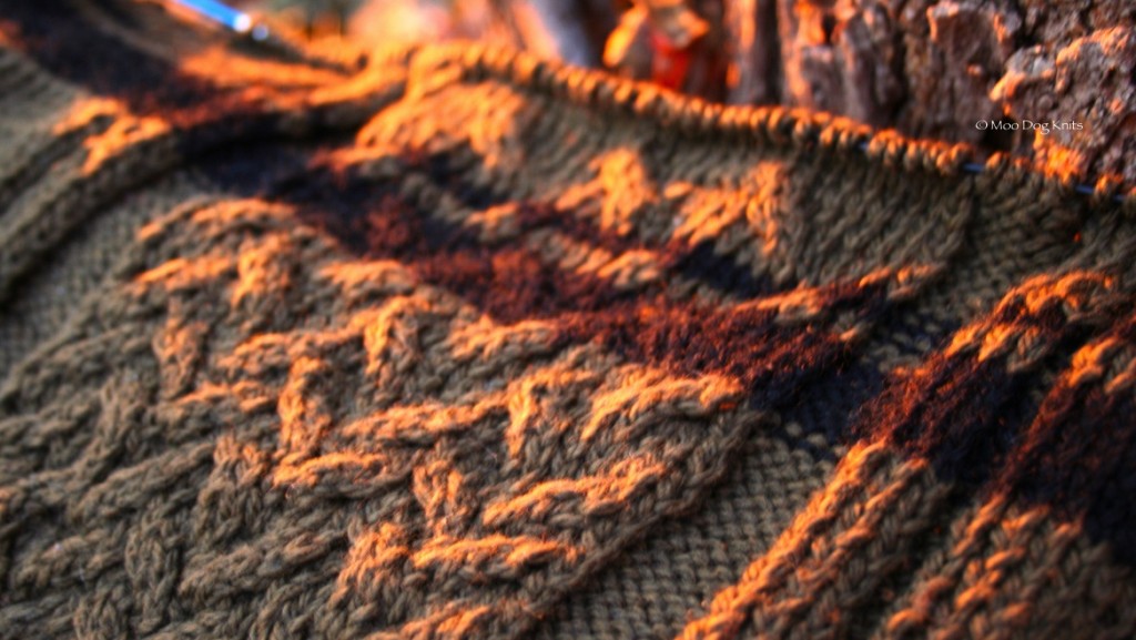 The sunset lights up a cable knit center panel of a Boston terrier handknit sweater detail.