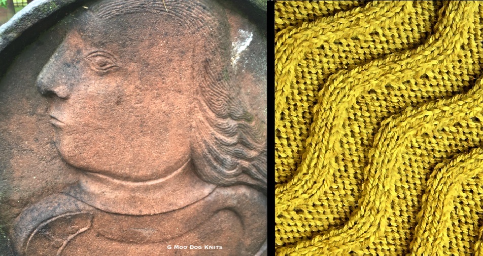 Carved of brownstone portrait knit into cabled color.